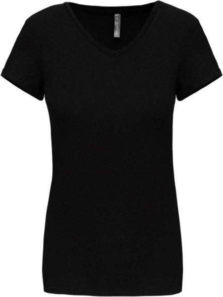 Női rövid ujjú V-nyakú sztreccs póló, Kariban KA3015, Black-2XL