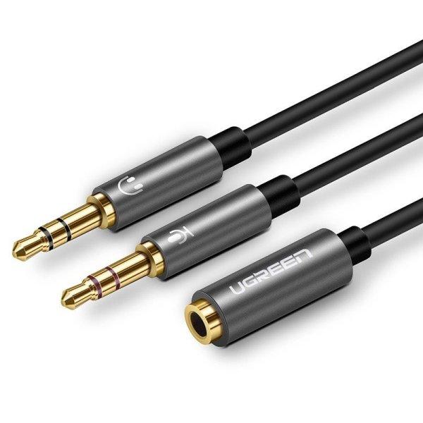 UGREEN AUX audio splitter fülhallgató mikrofon 3,5 mm-es mini jack kábel, 28
cm (fekete-szürke)