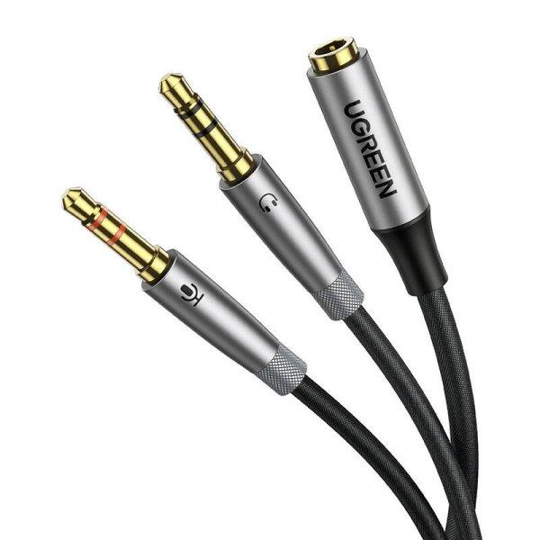 UGREEN AV193 AUX audio elosztó, fejhallgató mikrofon 3.5mm-es mini jack
kábel, 20cm (szürke)