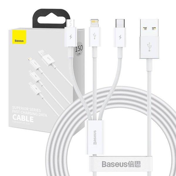 Baseus Superior Series 3 az 1-ben USB-kábel, USB - micro-USB / USB-C /
Lightning, 3,5 A, 1,2 m (fehér)