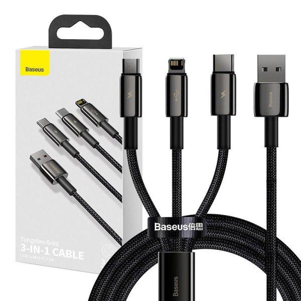 Baseus Tungsten Gold 3 az 1-ben USB-kábel, USB - micro-USB / USB-C / Lightning,
3,5 A, 1,5 m (fekete)