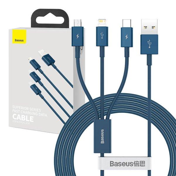 Baseus Superior Series 3 az 1-ben USB-kábel, USB-Micro USB / USB-C / Lightning,
3,5 A, 1,5 m (kék)