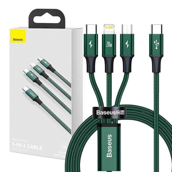 Baseus Rapid Series 3 az 1-ben USB-C kábel, mikro USB / Lightning / USB-C, 20
W, 1,5 m (zöld)