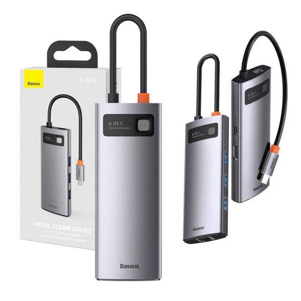 Baseus Metal Gleam Series 6 az 1-ben hub, USB-C - 3x USB 3.0 + HDMI + USB-C PD +
Ethernet RJ45 (szürke)