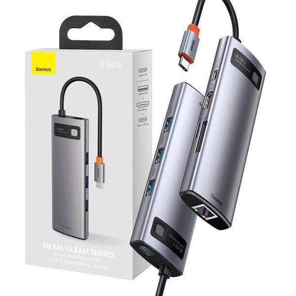 Baseus Metal Gleam Series 8 az 1-ben hub, USB-C - 3x USB 3.0 + HDMI + USB-C PD +
Ethernet RJ45 + microSD / SD (szürke)