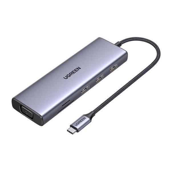 USB-C Hub Ugreen CM498, 3x USB 3.0, HDMI 4k 30Hz, VGA, RJ45, SD/TF, PD 100W
(gray)