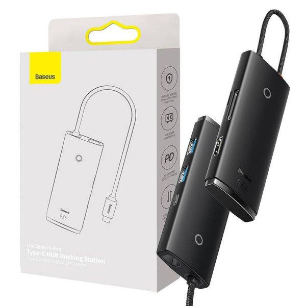 Baseus Lite Series 6 az 1-ben hub, USB-C - 2x USB 3.0 + USB-C PD + HDMI + SD/TF
(fekete)