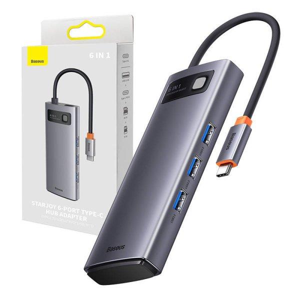 Baseus Metal Gleam Series 6 az 1-ben hub, USB-C - 3x USB 3.0 + USB-C PD +
microSD/SD