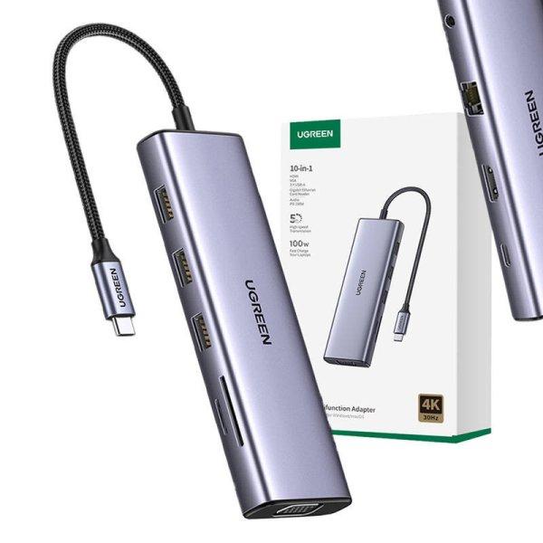 UGREEN Revodok CM498 10 az 1-ben adapter USB-C - 3x USB-A 3.0, HDMI, VGA, RJ45,
SD/TF, AUX3,5 mm, PD