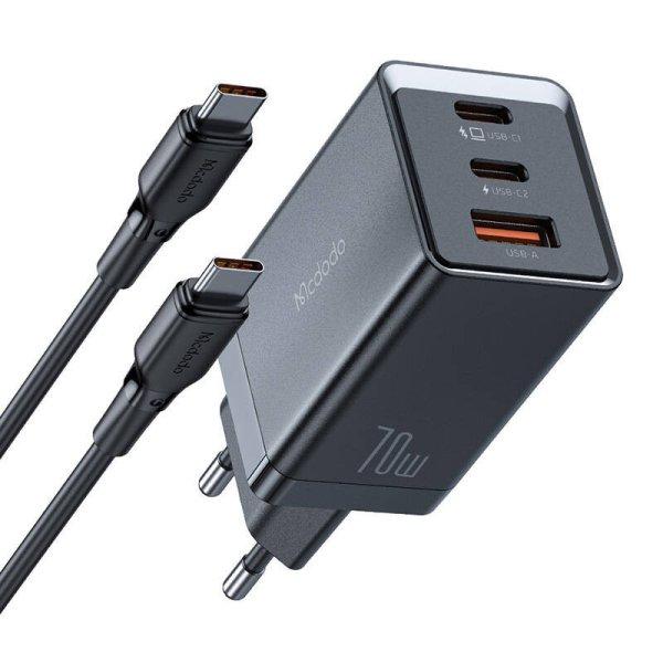 GaN Mcdodo CH-1543 hálózati töltő, 2x USB-C, 1x USB, 67W USB-C-ről USB-C-re
2m kábel (fekete)