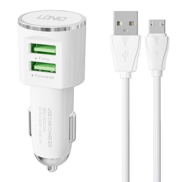 LDNIO DL-C29 autós töltő, 2x USB, 3.4A Micro USB kábel (fehér)