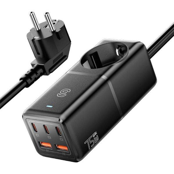 Fali töltő, Essager, ECTAC-BRB01-Z, GaN, 3xUSB-C, 2xUSB-A, Gniazdko AC, 75W
(fekete)