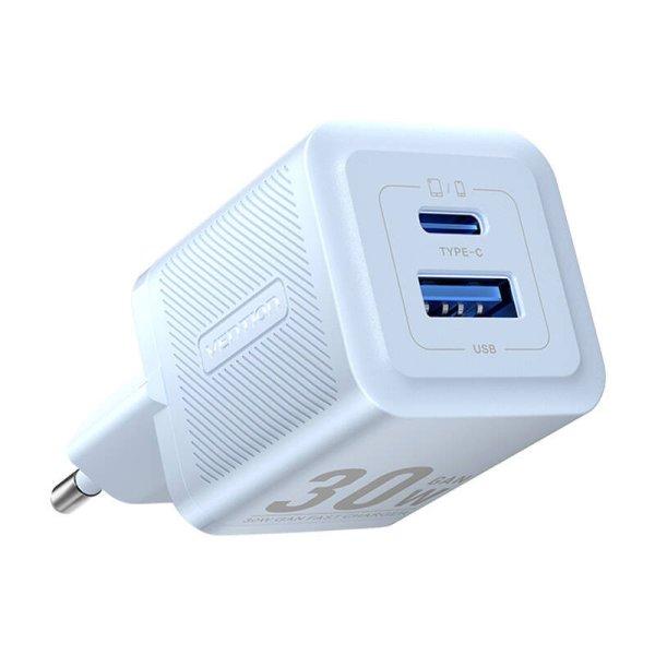 Fali töltő, Vention, FEQL0-EU, USB-C USB- A, 30W/30W, GaN (kék)