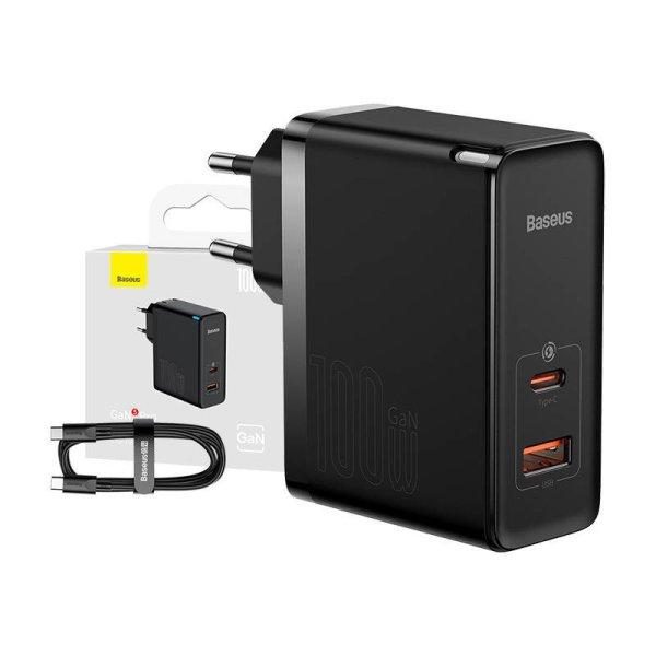 Baseus GaN USB-C USB fali töltő, 100W 1m kábel (fekete)