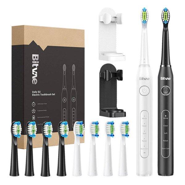 Sonic toothbrushes with tips set and 2 toothbrush holders Bitvae D2+D2 (white
and black)