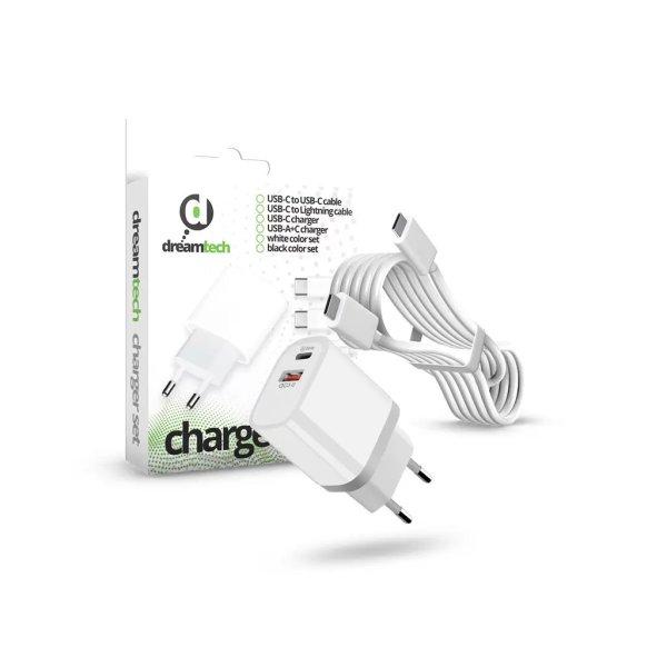 Dreamtech PD Charger Set USB-C+A 20W+QC3.0-s adapterrel és USB-C / USB-C
kábellel FEHÉR