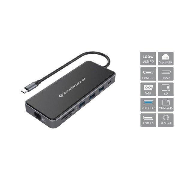 Conceptronic Notebook Dokkoló - DONN15G (USB-C to 2xHDMI+VGA+USB-C
PD:100W+3xUSB-A+RJ-45+SD/TF+AUX)