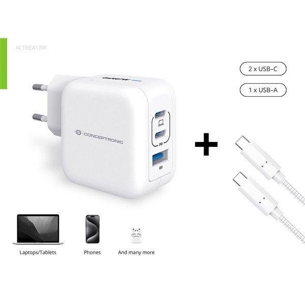 Conceptronic telefon töltő adapter+kábel - ALTHEA17W (2xUSB-C+USB-A, 67W,
USB-C töltő kábel, fehér)