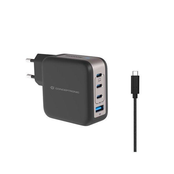 Conceptronic telefon töltő adapter+kábel - ALTHEA18B (3xUSB-C+USB-A, 100W,
USB-C töltő kábel, fekete)