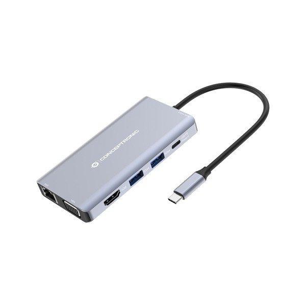 Conceptronic Notebook Dokkoló - DONN20G (USB-C to HDMI/VGA/USB-C PD/USB
3.0/SD/TF/GbE/AUX)