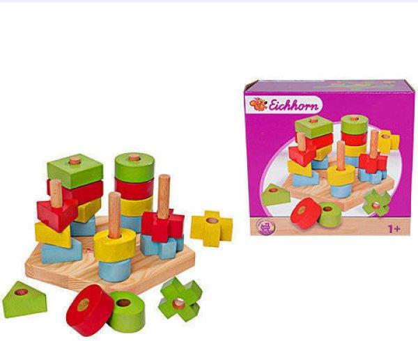 Fa toronyépítő Stacking Toy Eichhorn 5 különböző színes alakzattal 21
darabos 12 hó-tól