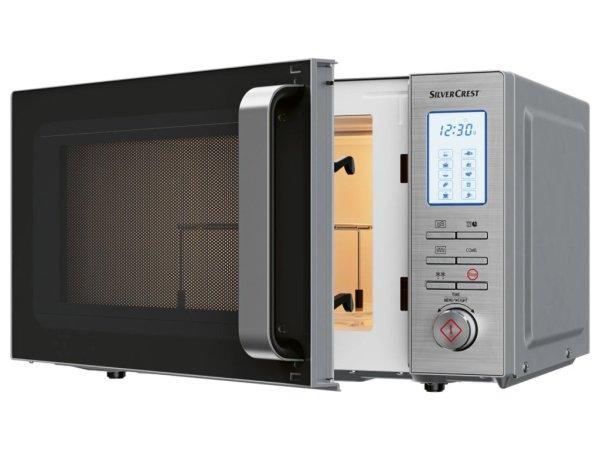 SilverCrest SMW 800 F2 inox nemesacél 20L 800W / 1200W digitális grilles
mikrohullámú sütő, forgótányéros mikró, mikrósütő grill funkcióval