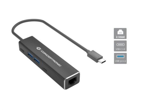 Conceptronic ABBY14B USB 3.2 Gen 1 2.5GbE Network Adapter with 4-Port USB Hub