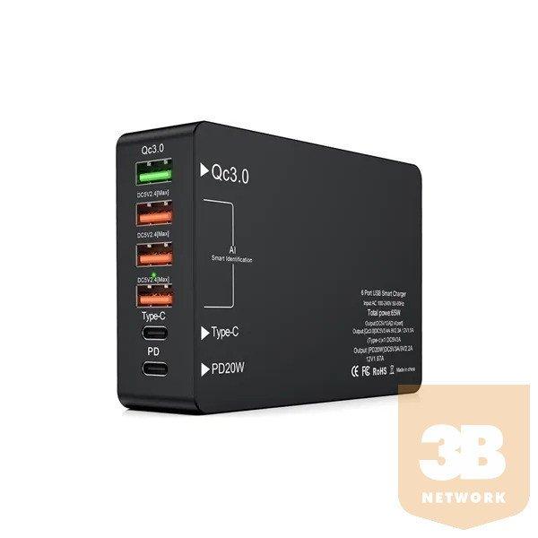 BLACKBIRD Dokkoló Töltőállomás 65W 4xUSB + 1xType-C + 1xPD 20W, Fekete