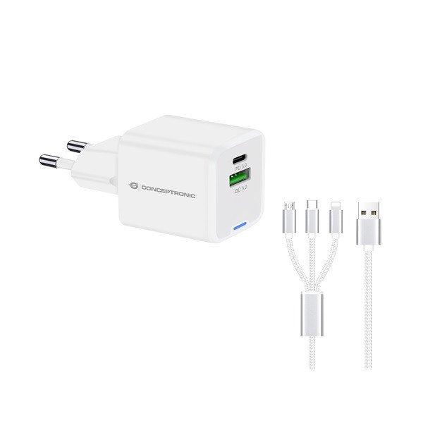 Conceptronic telefon töltő adapter+kábel - ALTHEA16W (USB-C+USB-A, 33W, 3in1
töltő kábel, fehér)