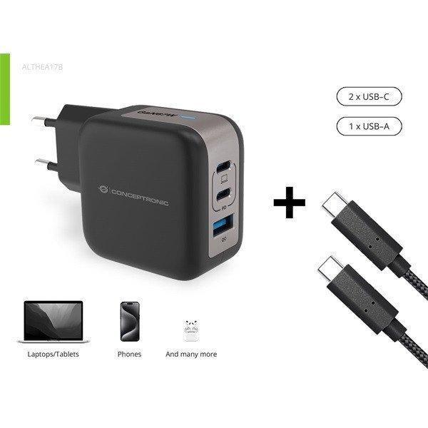 Conceptronic telefon töltő adapter+kábel - ALTHEA17B (2xUSB-C+USB-A, 67W,
USB-C töltő kábel, fekete)