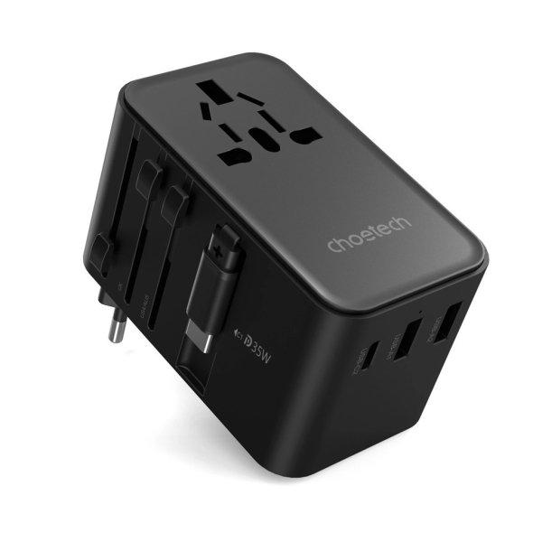 Choetech PD5020 35W EU/US/AUS/UK Travel Adapter with Built-in USB-C Cable -
Black