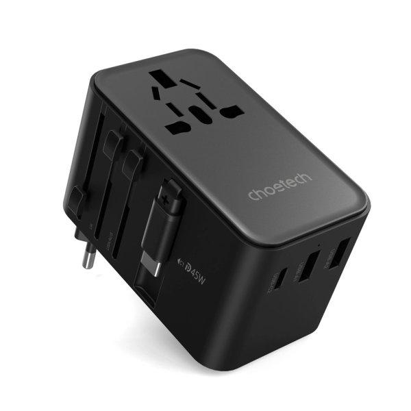 Choetech PD5021 45W EU/US/AUS/UK Travel Adapter with Built-in USB-C Cable -
Black