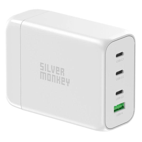 Silver Monkey SMA152 130W GaN charger 3xUSB-C PD USB-A QC 3.0 with detachable
power cable - white