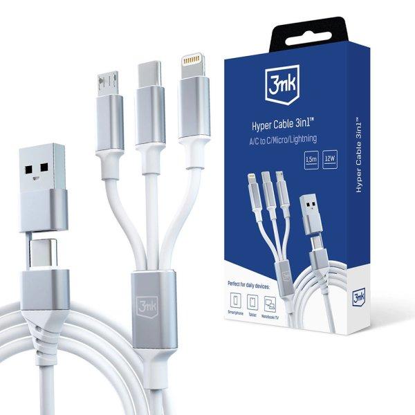 3mk Hyper Cable 3in1 USB-A - USB-C / USB-C - micro USB - Lightning 1.5m - white