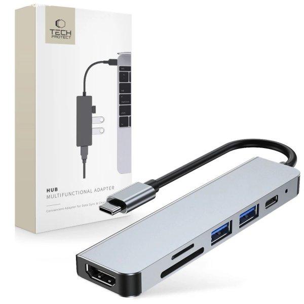 HUB Tech-Protect V4 6in1 USB-C - USB-A 3.0 / USB-A 2.0 / USB-C / HDMI / micro SD
/ TF / SD card reader - gray