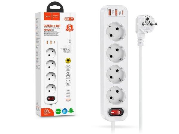 HOCO hálózati elosztó 4 kimenetes tápelosztó aljzattal, 20W Type-C PD3.0
és 18W 2xUSB-A QC3.0 gyorstöltő kimenettel - fehér