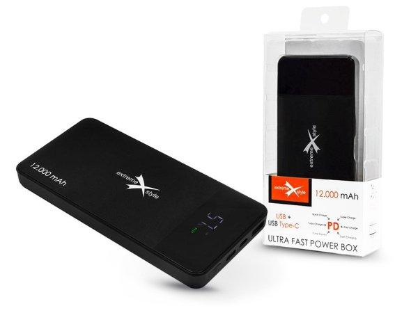 Extreme hordozható külső akkumulátor / power bank - 12.000 mAh - Extreme
EPB-12PD - USB + Type-C + microUSB + PD + QC3.0 - fekete