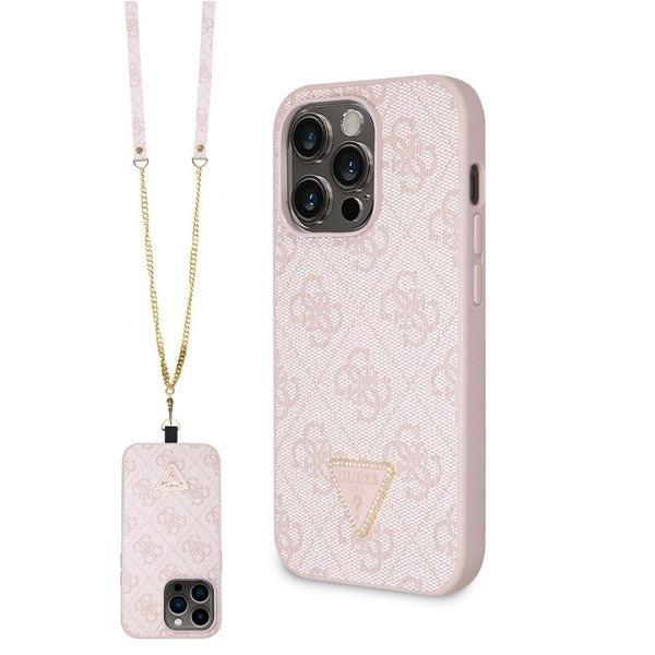 Guess PU 4G Strass Triangle Metal Logo Hátlapi tok + Crossbody pánt iPhone 15
Pro számára, rózsaszín