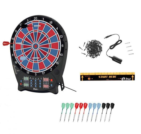 Crivit PK elektromos darts tábla 4 db világító LED kijelzővel, 3x4 dart
szettel, hálózati adapterrel 100 pótheggyel (piros-kék)