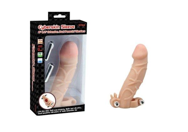  Charmly Cyberskin Extension Sleeve Dual Powerful Vibrators Flesh 