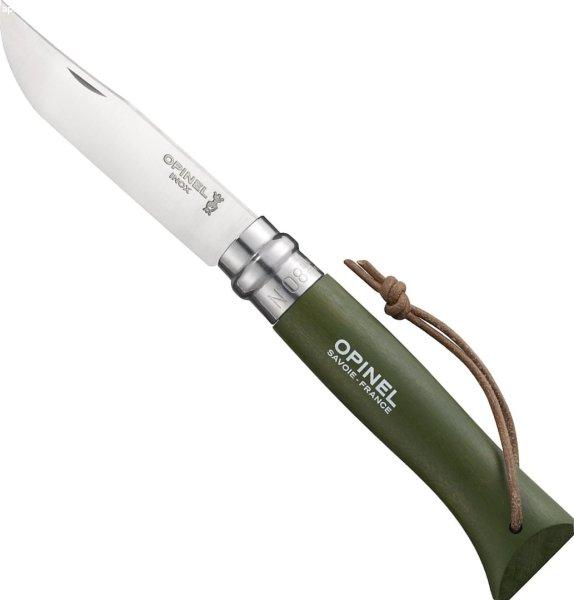 Opinel VRI N°08 Inox Adventurer khaki kés bőr zsinórral