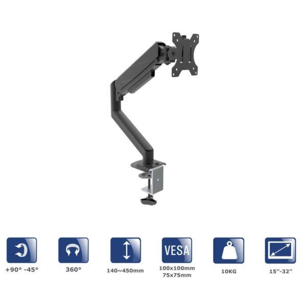 Akyga AK-MB-05 Single Gas Spring Monitor Arm Desk Mount 10kg VESA 75x75mm /
100x100mm 15-32"