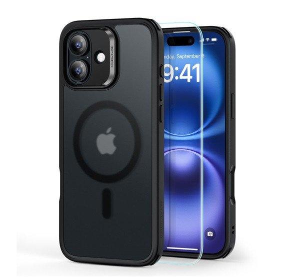 ESR HYBRID HALOLOCK szilikon telefonvédő (ütésállóság, légpárnás
sarok, MagSafe + képernyővédő üveg) FEKETE Apple iPhone 16