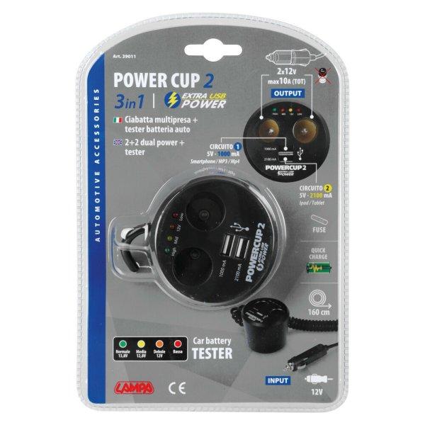 Lampa, Power Cup 2, Szivargyújtó Elosztó 2-es, 2 USB-vel és
akkumulátortesztelővel, 12V