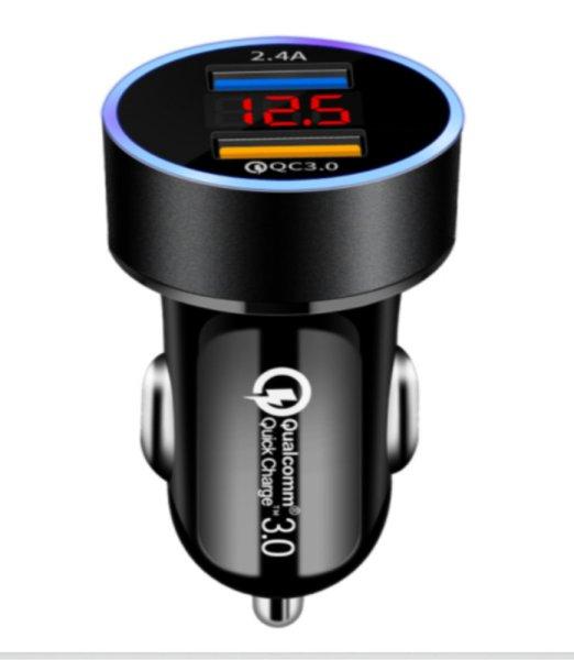 13177 M22 Autós töltő + voltmérő - 2USB - Quick Charge 3.0 - 12-24V