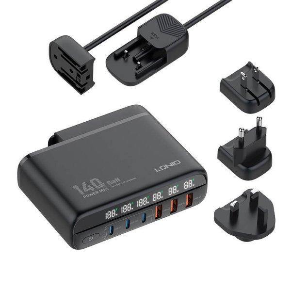 Power charger with display 140W LDNIO A6140C 3x USB-A + 3x USB-C, US/UK/EU
(black)