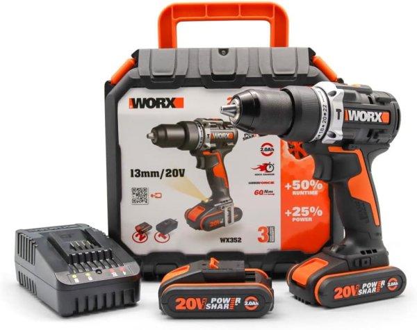  WORX NITRO 20V kefe nélküli akkus ütvefúró - WX352-60NM -φ 13mm (2
sebesség, LED világítás, 2 x 20V - 2Ah akkumulátor+koffer)