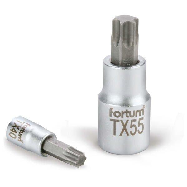 FORTUM bitdugófej, torx, 1/2', 61CrV5/S2, mattkróm; TX45, 55mm FORTUM