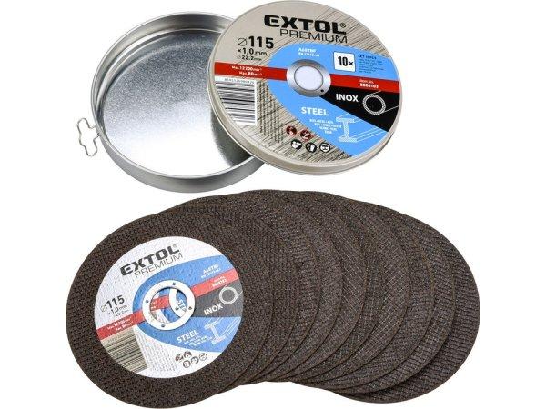 EXTOL PREMIUM vágókorong 10 db, acélhoz/inoxhoz, kék; 125×1×22,2mm, max
12200 ford/perc, fémdobozban