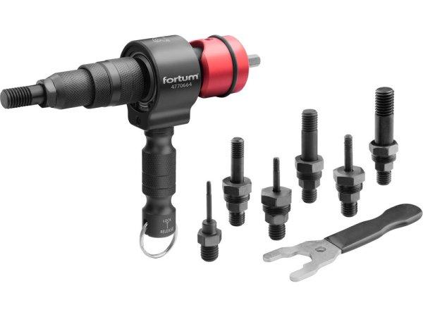FORTUM adapter klt. fúrógéphez, POP-NUT szegecsanyákhoz, 6 db,
M3-M4-M5-M6-M8-M10-M12; 8 mm (5/16') hatszög befogás, FORTUM